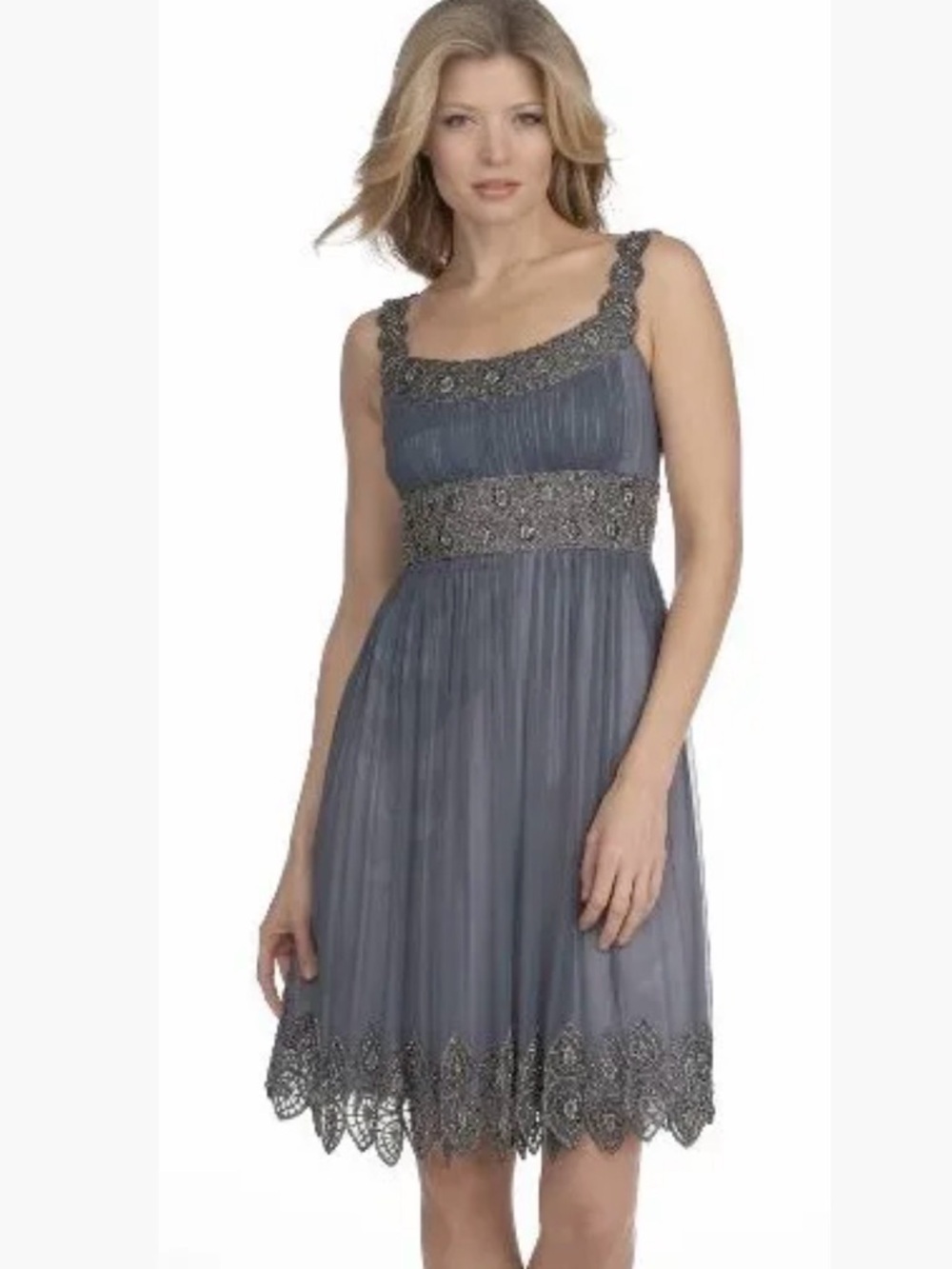 Adrianna Papell silk cocktail beaded dress sz 10 M gray wedding guest art deco